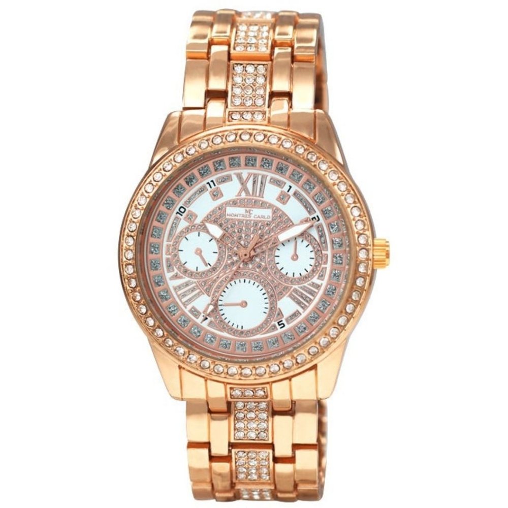 42mm Montres Carlo Women Luxury Rose Gold Sparkling Stones Fashion Dress Watch